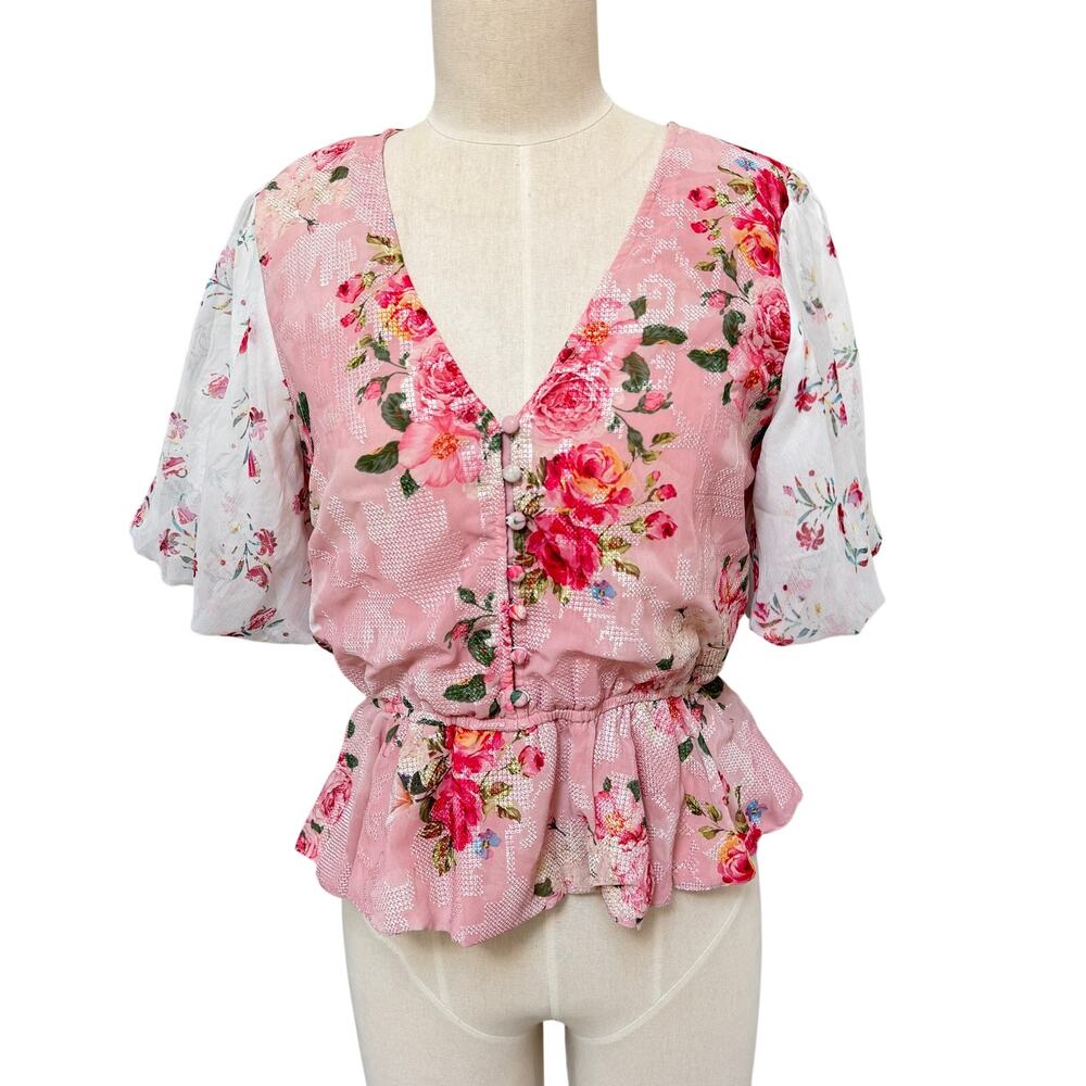 Anthropologie Hemant & Nandita Rose Garden Peplum V-Neck Floral Blouse Small